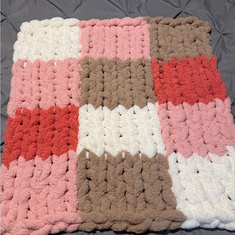 Plush Patchwork Throw Blanket - Pink, Cream, Brown, Coral